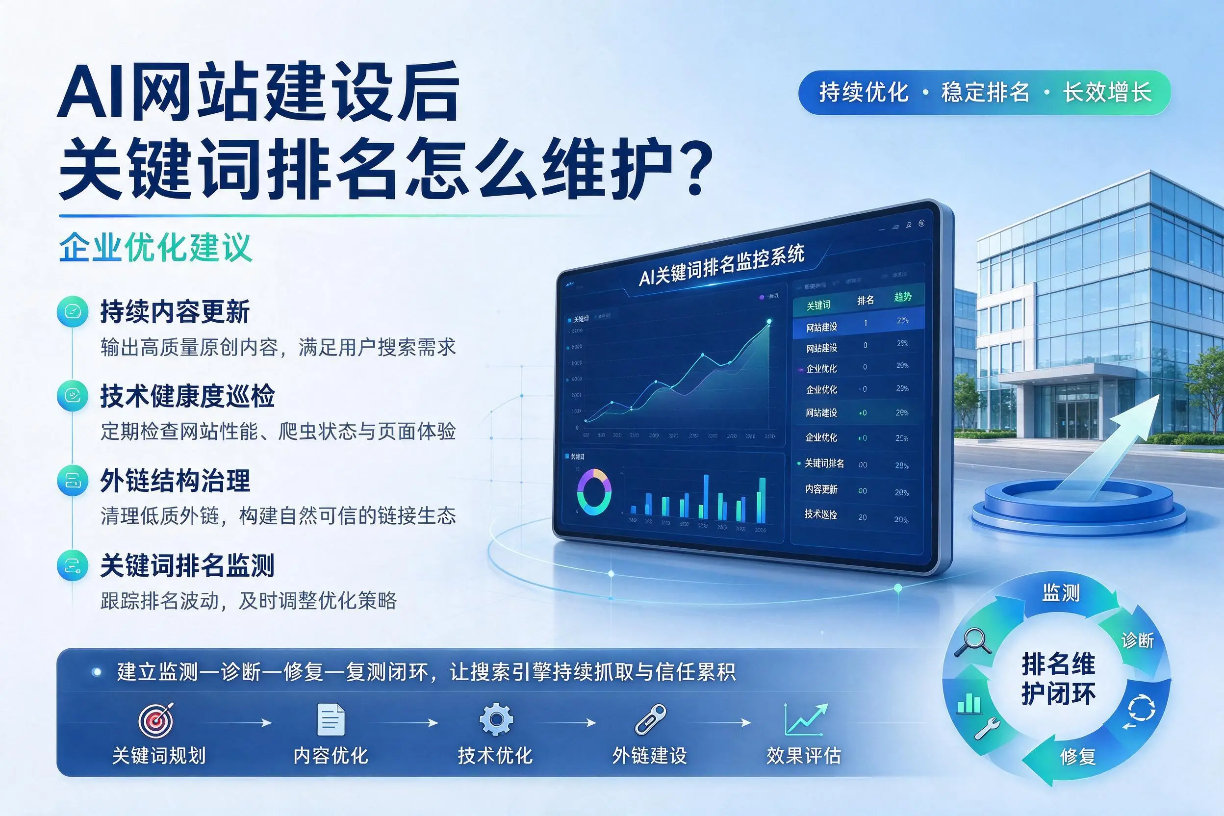 AI网站建设后关键词排名怎么维护?梅州企业优化建议