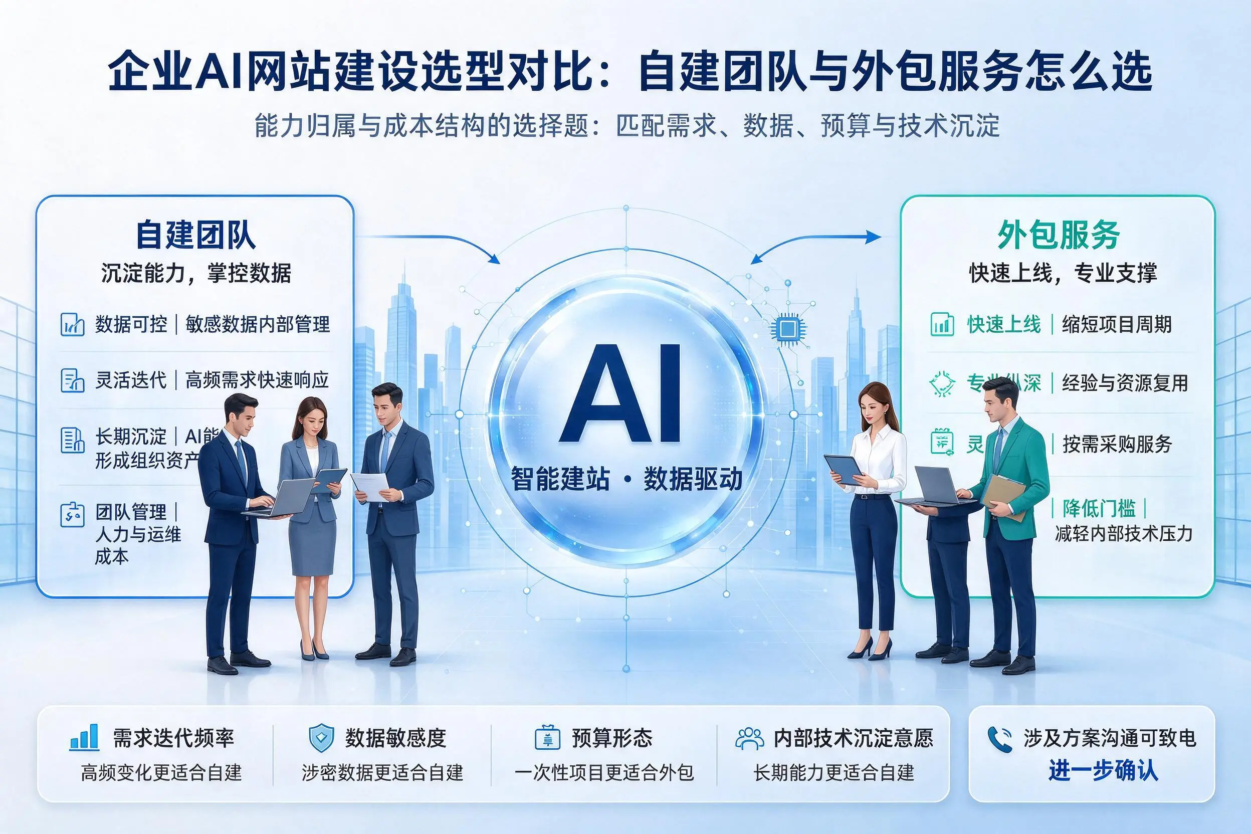 梅州企业AI网站建设选型对比：自建团队与外包服务怎么选